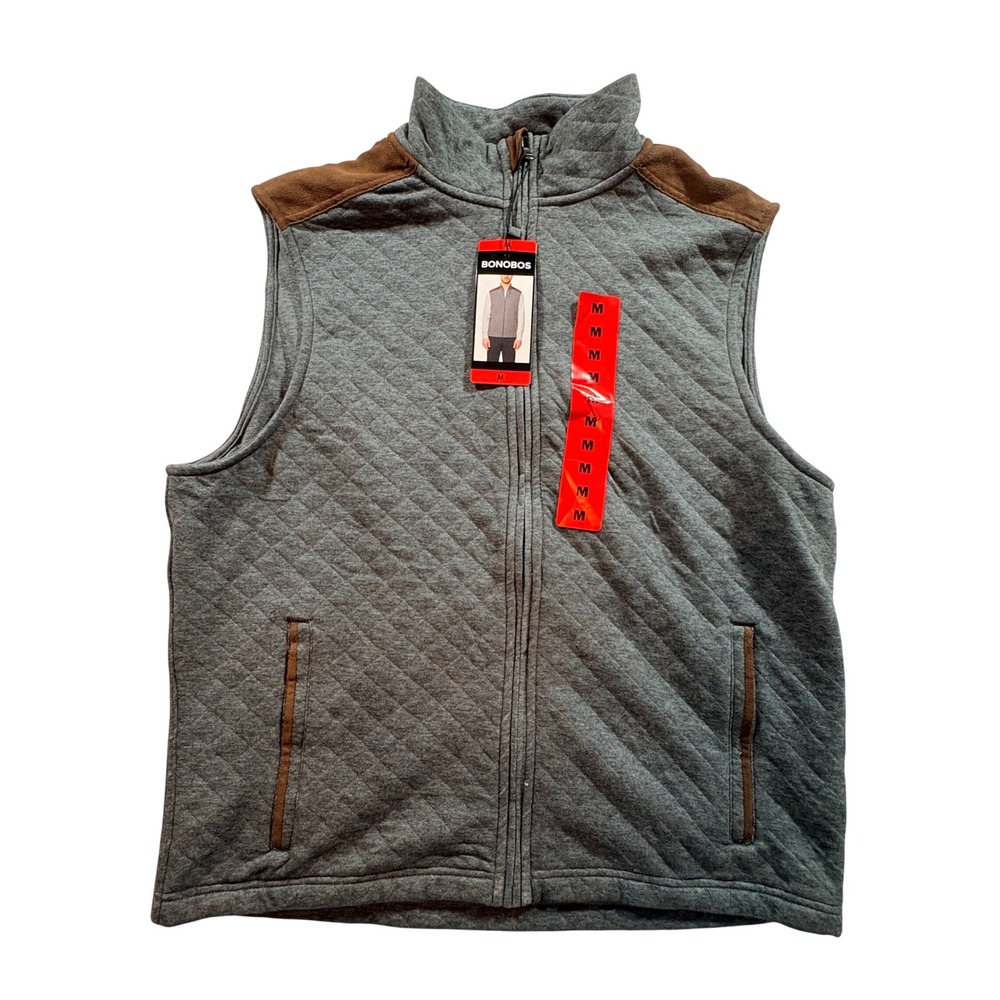 Bonobos Quilted Vest Mens Medium Gray Full Zip Microsuede Trim Casual Layering